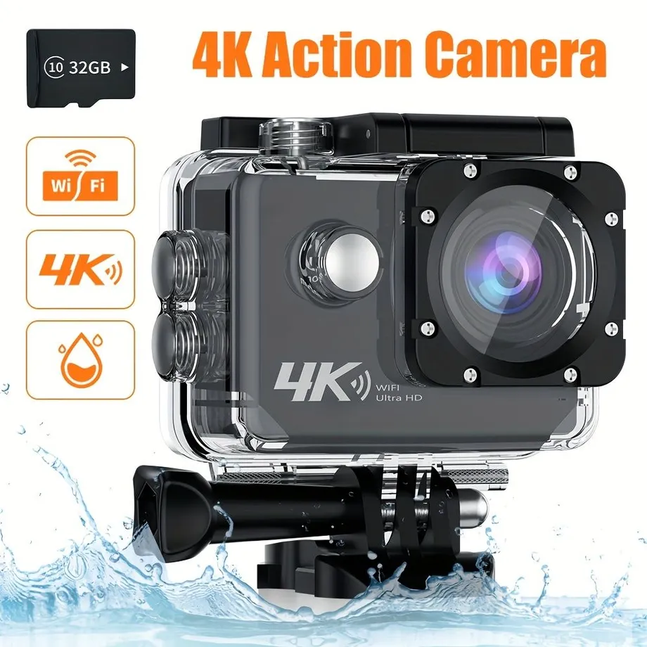 Akční kamera 4K30FPS: Ultra HD záběry i pod vodou, voděodolná, pro outdoorové sporty, s Wi-Fi a 32GB paměťovou kartou