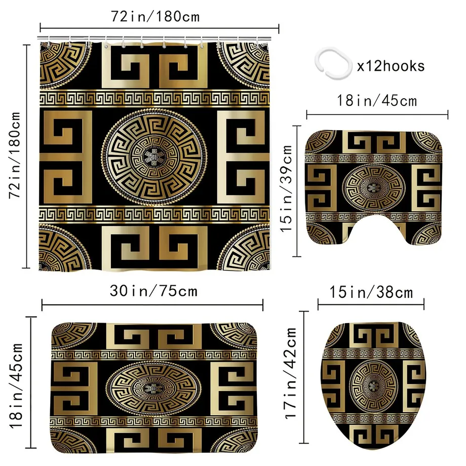 Černozlatý sprchový závěs se vzorem Geo, voděodolná zástěna s háčky, kobereček ve tvaru U, kobereček na WC, kobereček ve tvaru L, koupelnové doplňky a dekorace