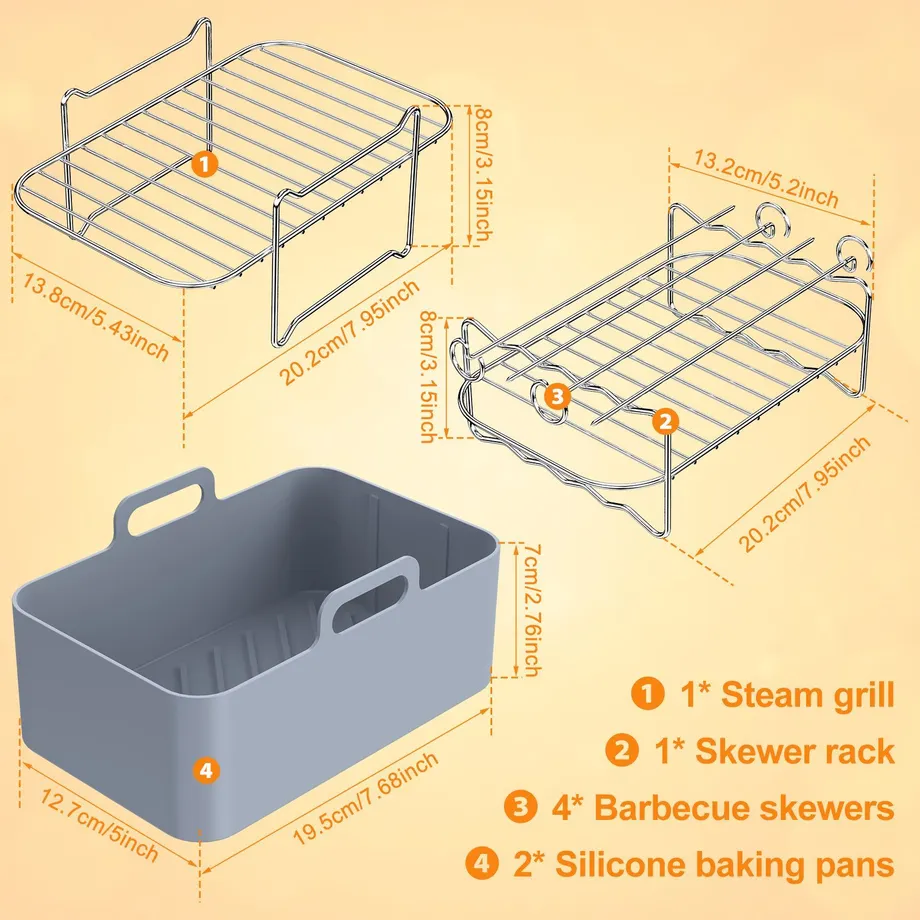 Sada 8 ks multifunkčního příslušenství k fritéze na horký vzduch - silikonové košíky, nerezový stojan, napařovací rošt, špízy