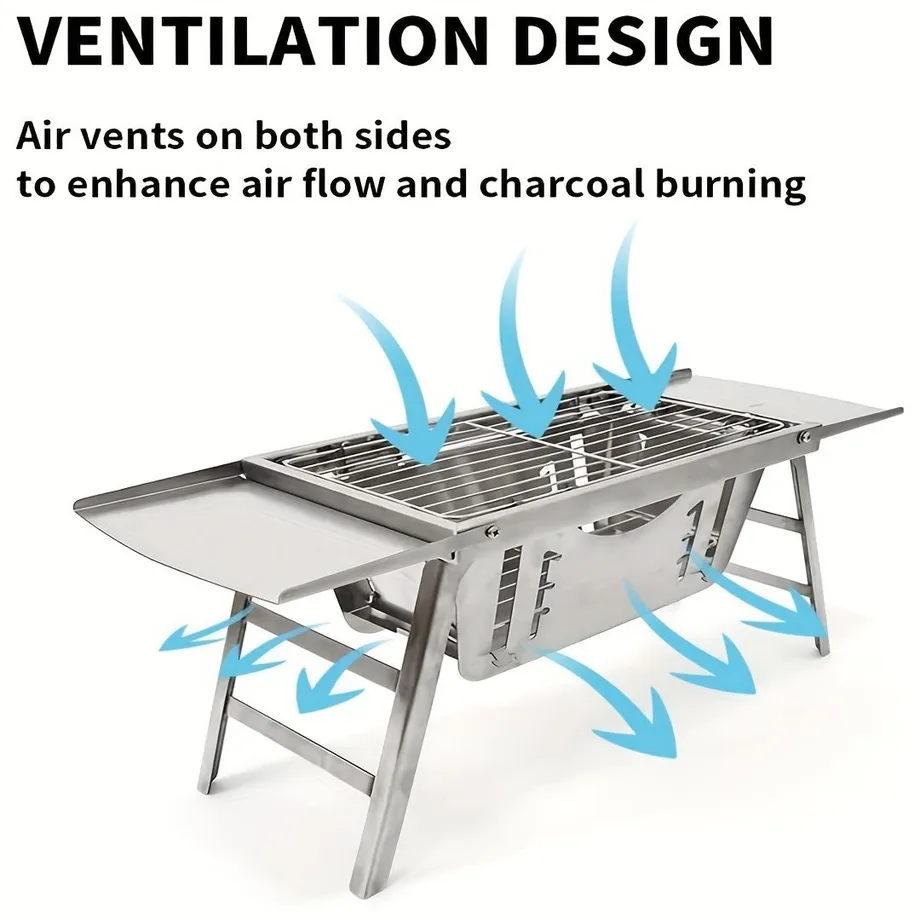 Prenosný gril na dřevěné uhlí a dřevo, skládací, nerezový