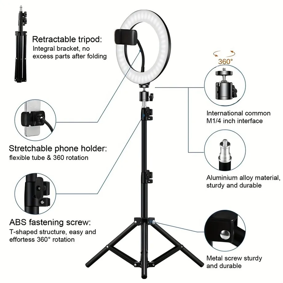Kruhové LED světlo na selfie s nastavitelným stojanem, 30,48 cm, včetně držáku telefonu