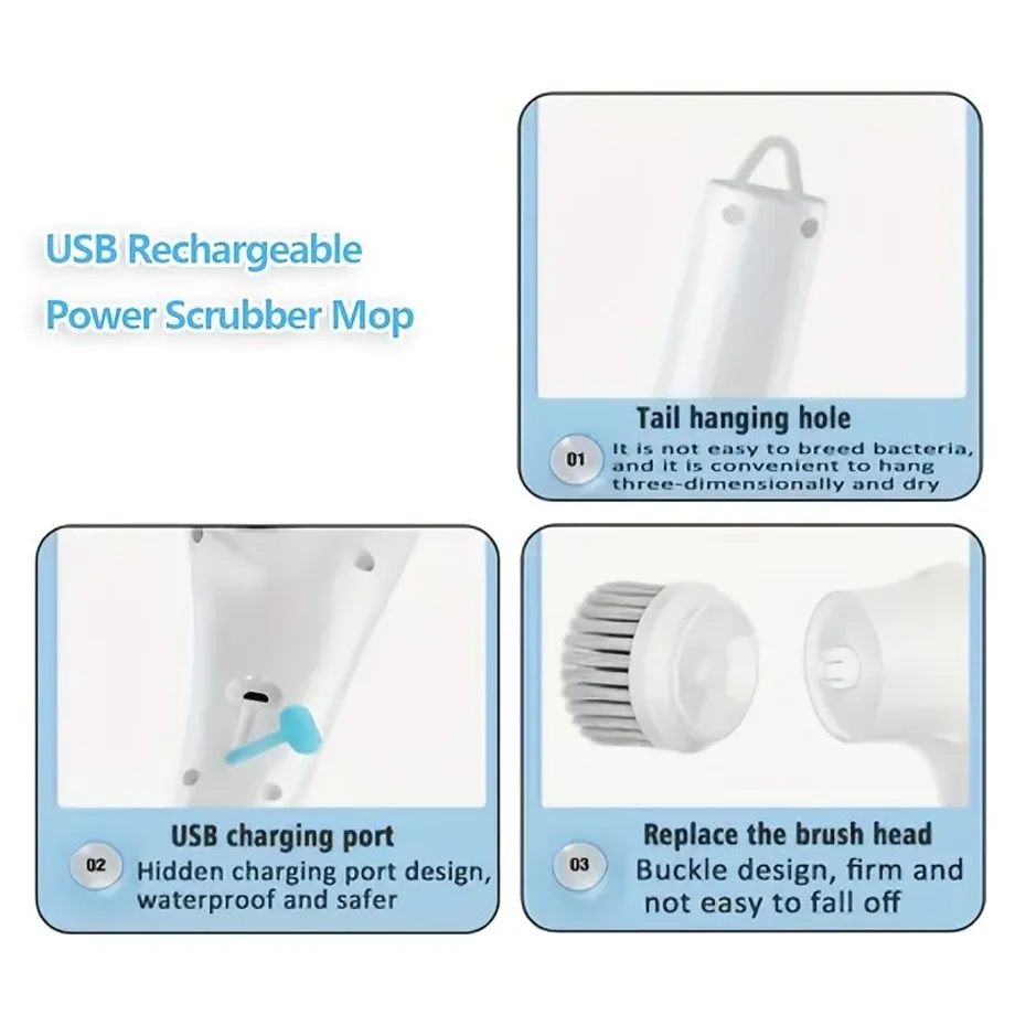 Elektrický rotační čisticí kartáč s 5 vyměnitelnými nástavci, USB nabíjení, 360° rotace - na boty, stěny, vany