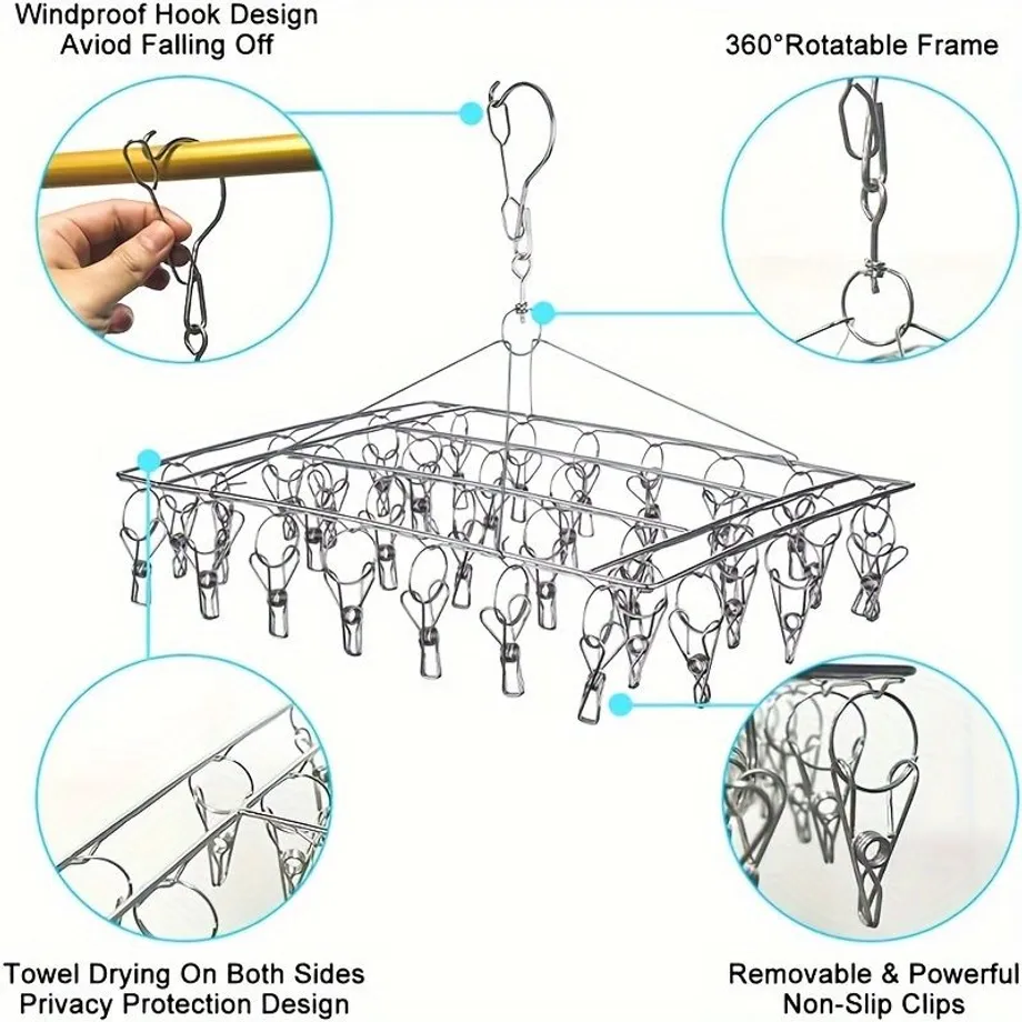 Sušák na prádlo s klipy pro ponožky, spodní prádlo a podprsenky - nerezový, otočný a odolný proti větru