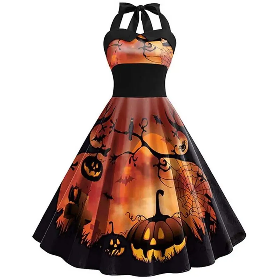 Halloweenské šaty pro ženy - Sexy, se zapínáním na krku, vintage, elegantní kostýmy na večerní večírek 004 S