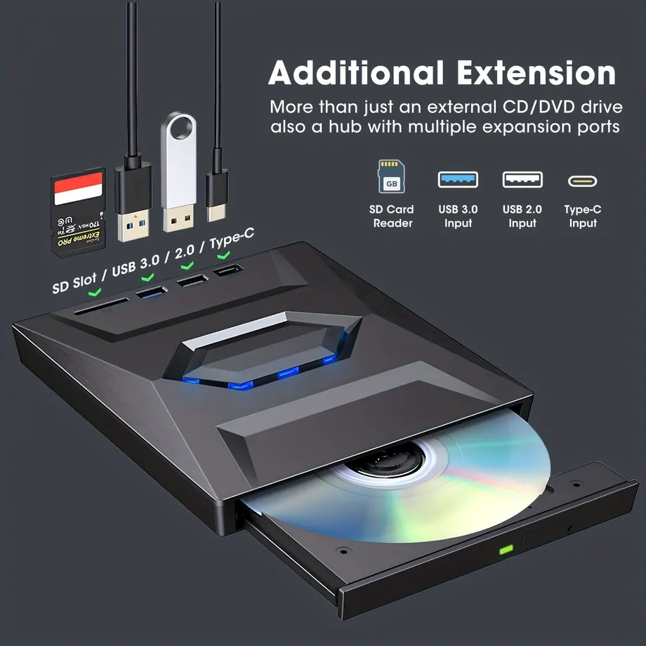 Tenká externí DVD mechanika 6v1 USB 3.0 pro čtení zápis a přehrávání disků - pro notebooky a počítače