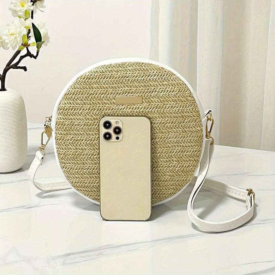 Kulatá slaměná crossbody kabelka, bohemian mini crossbody, módní kruhová kabelka pro ženy na cestování, piknik a pláž