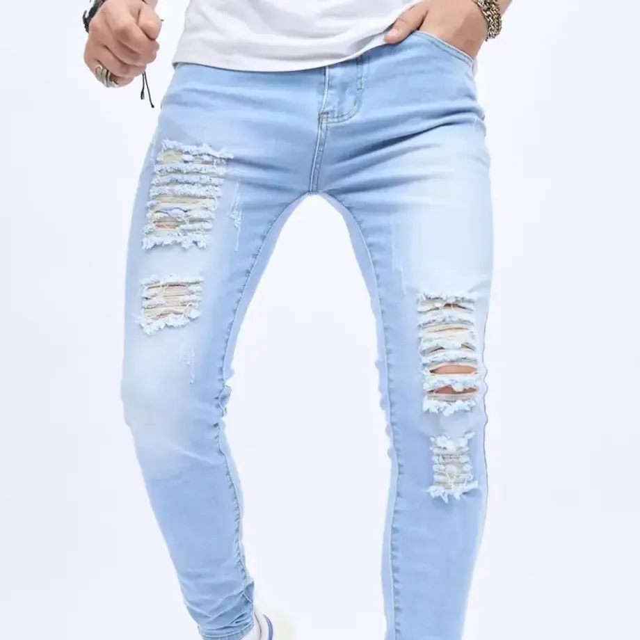 2023 Retro Distressed Knee Ripped Jeans Slim Small Feet Světle modré bavlněné džíny