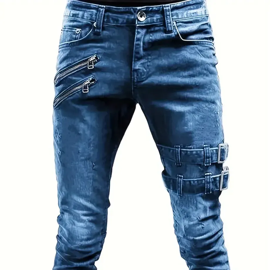 Pánské úzké ripped jeansy - střední pružnost denimu - motocyklový styl - ležérní streetstyle