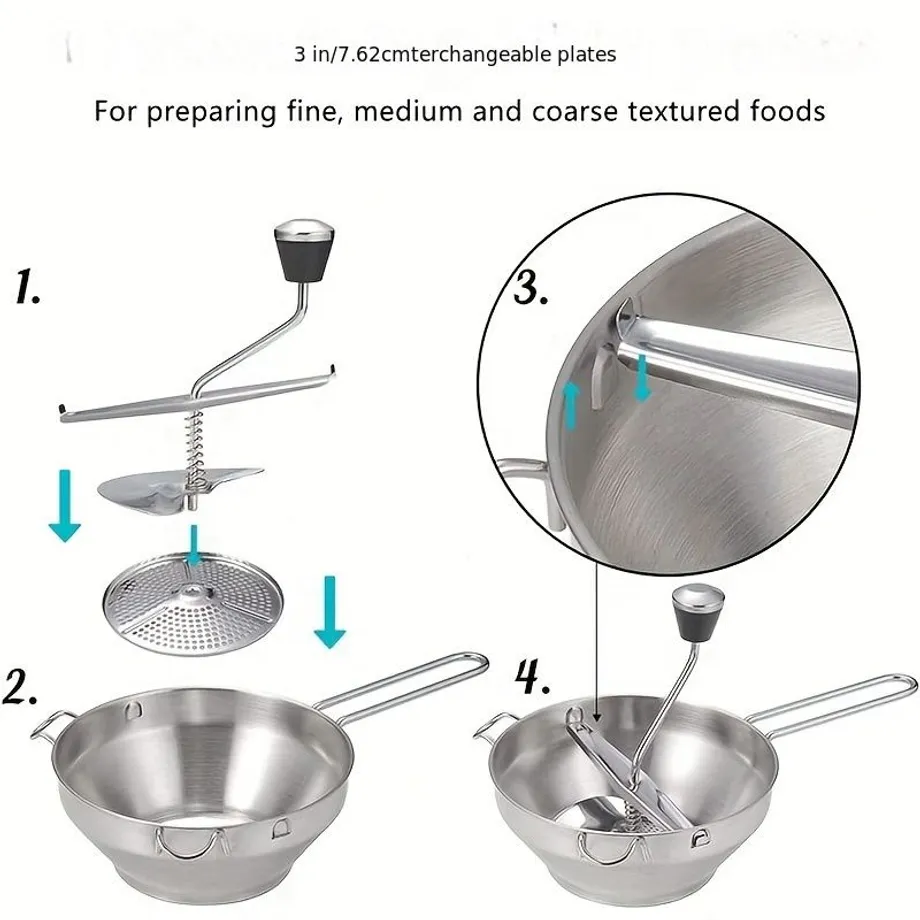 1 sada Nerezový food mill, lis na brambory, ovoce a zeleninu, 3 vyměnitelné disky na strouhání