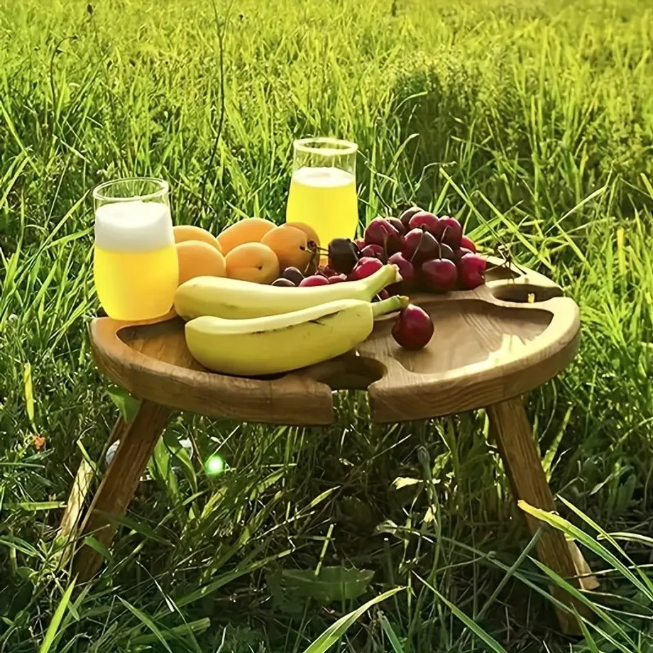 Skladný skládací vinný stolek s držákem na sklenice - pro pikniky i do zahrady