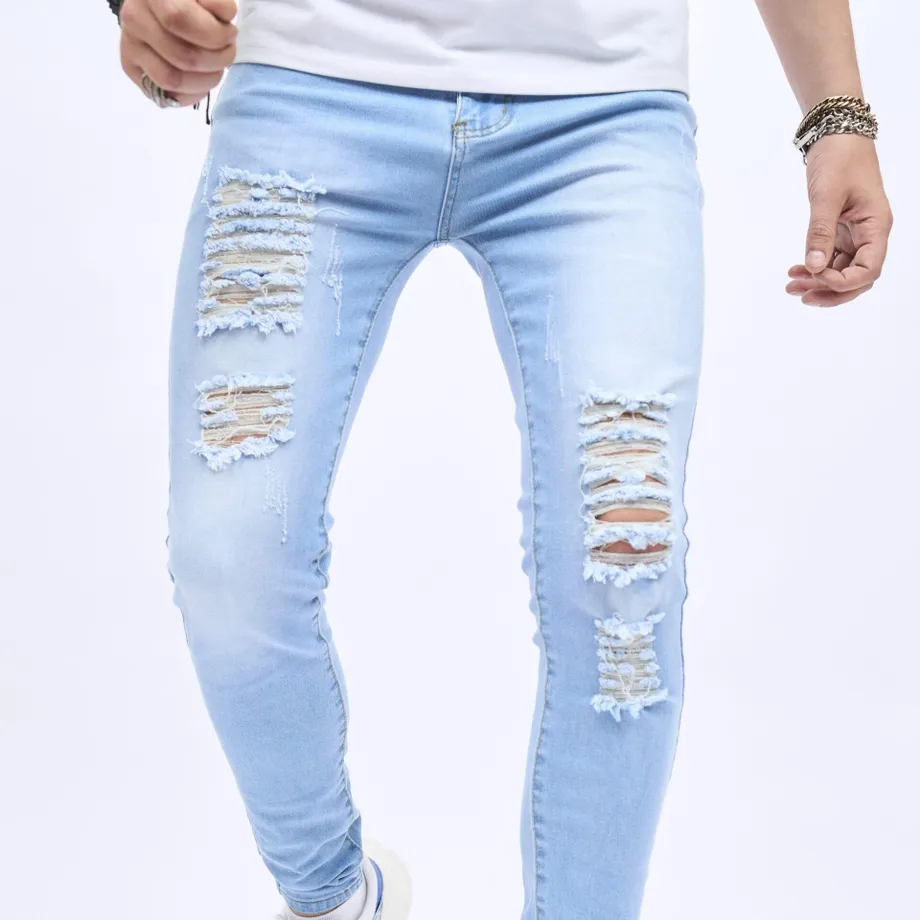 2023 Retro Distressed Knee Ripped Jeans Slim Small Feet Světle modré bavlněné džíny