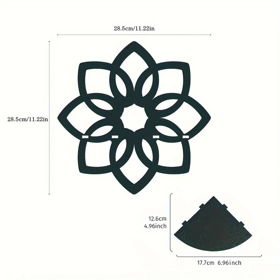 Černá mandala květinová dřevěná nástěnná police - vyřezávaný rohový displej pro krystaly & kameny