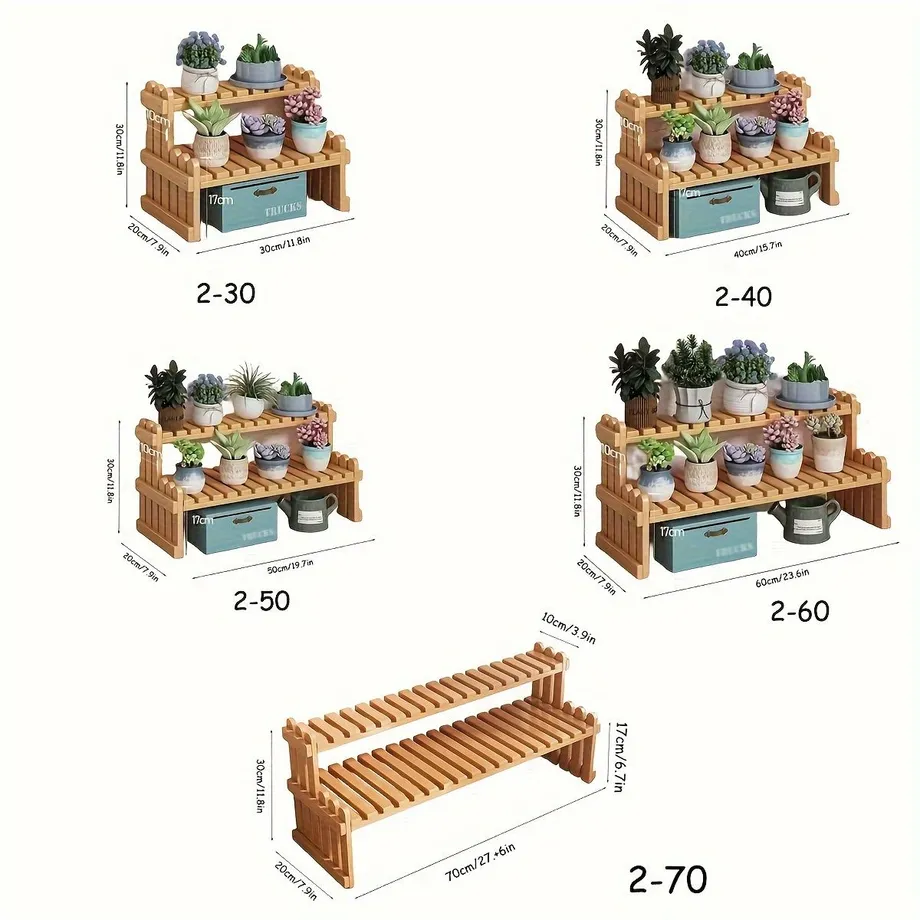 1ks Elegantní bambusový rostlinný stojan se 2 patry v pruhovaném provedení - lehký dřevěný regál s více úrovněmi pro zahradničení uvnitř i venku