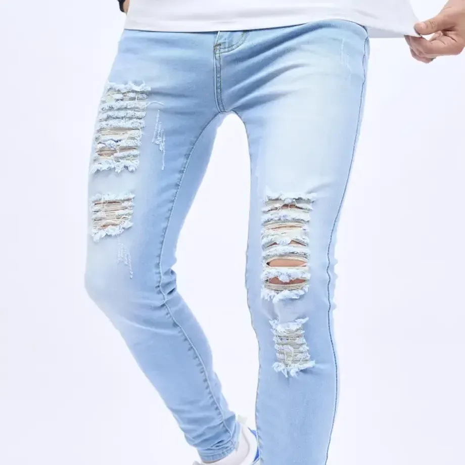 2023 Retro Distressed Knee Ripped Jeans Slim Small Feet Světle modré bavlněné džíny