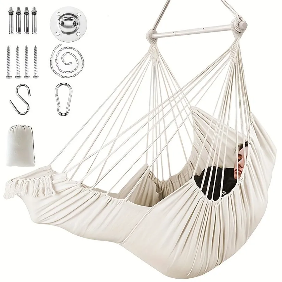 Hammock Chair Hanging Swing Foot Rest Cushions Suspension Included, Collapsible Metal Spreader Bar Pro Trvanlivost Snadné Uložení Měkké Bavlněné Tkaniny Visící Židle Boční Kapsa