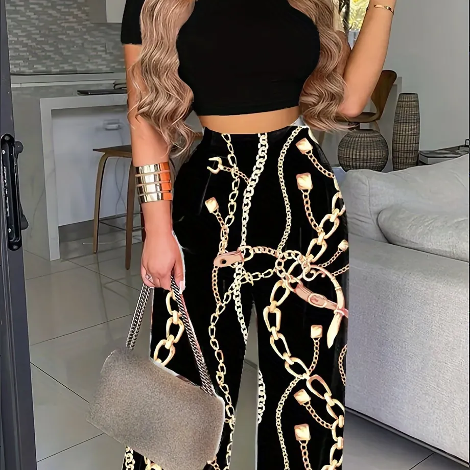 Boho letní dvojset - krátký jednobarevný crop top s krátkým rukávem & vysoké palazzo kalhoty s květinovým vzorem - dámský outfit