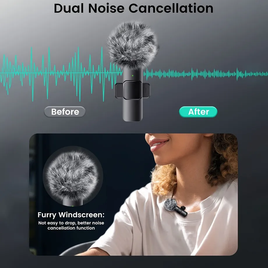 Vylepšený bezdrátový mikrofon pro telefon/kameru Android, redukce šumu, 2 balení s náhr. pěnovým návlekem proti šumu, mini klopový mikrofon