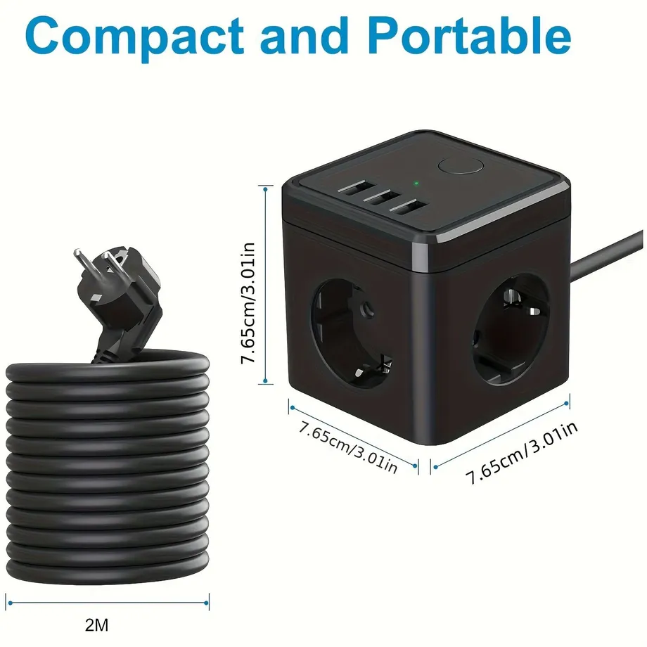 Rozbočovač s USB, 3 zásuvky (2500 W/10 A), 3 USB nabíječky (5 V/3,1 A), ochrana proti přepětí. Pro kancelář, domov, cestování