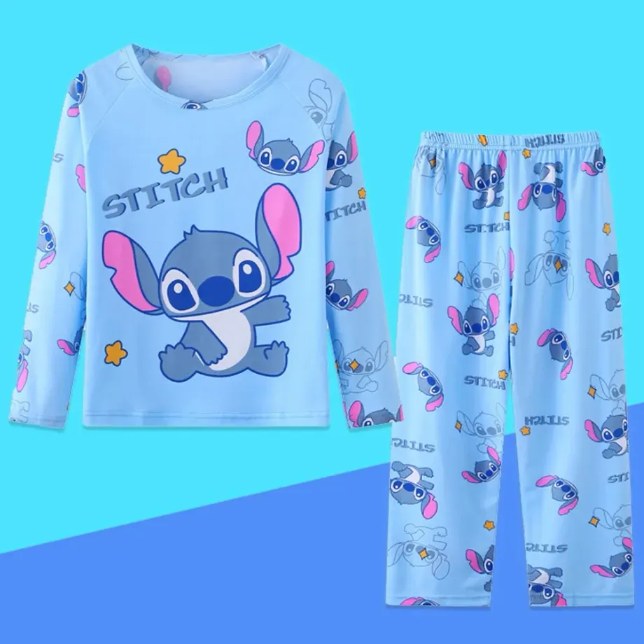 Dětský stylový set pyžama - tričko s dlouhým rukávem a tepláky s motivy oblíbeného Stitch