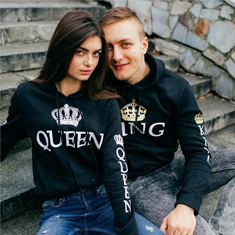 Módní ležérní mikina s kapucí a dlouhým rukávem pro páry KING&QUEEN