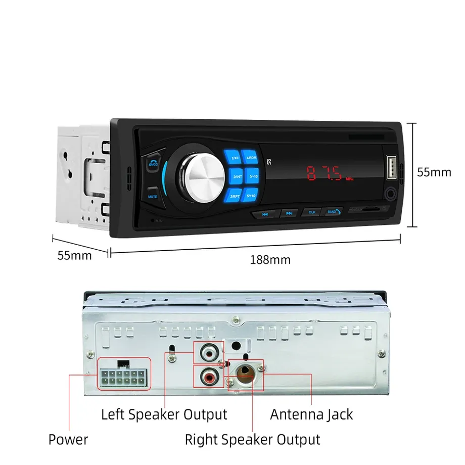 Univerzální autorádio s připojením BT, USB, AUX, FM, MicroSD - 1DIN připojení