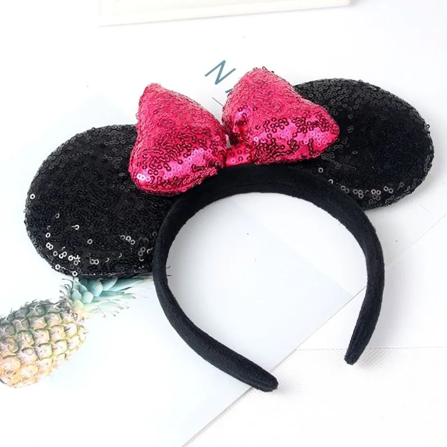 Dětská trendy flitrovaná čelenka s oušky v motivech Mickey a Minnie Mouse