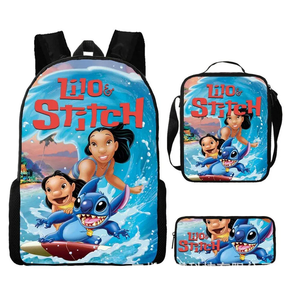 Dětský set 3 kusů školních věcí s motivem oblíbených kreslených postav Lilo a Stitch Batoh / taška přes rameno / penál