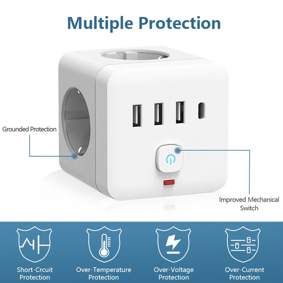 7v1 EU Napájecí lišta s ochranou proti přepětí, 3x zásuvka + 3x USB + 1x USB-C, nabíjecí stanice s ochranou proti přetížení