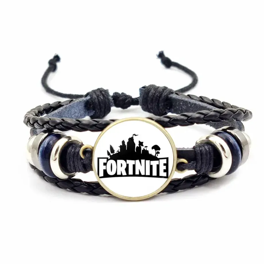 Stylový koženkový náramek s korálky a prvkem s motivem Fortnite