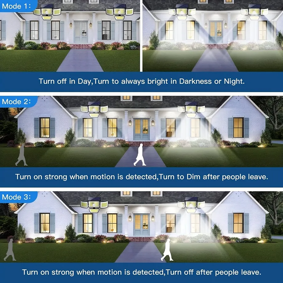 Venkovní solární světlo s detektorem pohybu, 278 LED, 3000 lm, 6500 K, 4 hlavy, IP65 vodotěsné, 300° široký úhel s 3 režimy