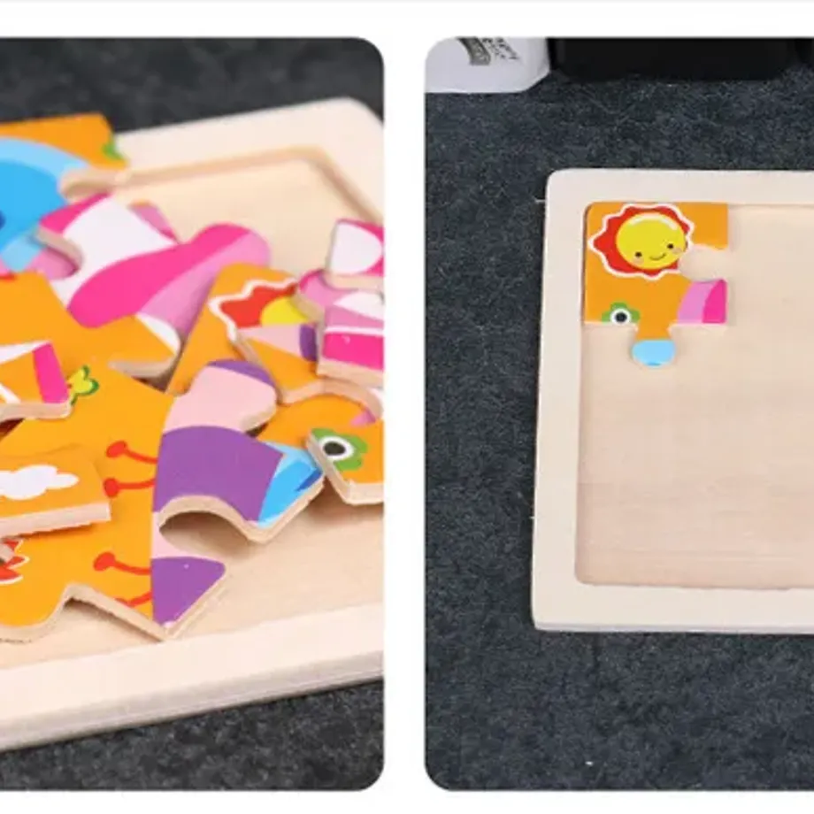 Dřevěné puzzle pro děti 11x11 cm: Vozidla, zvířátka, kreslené motivy, Montessori výukové hračky pro děti