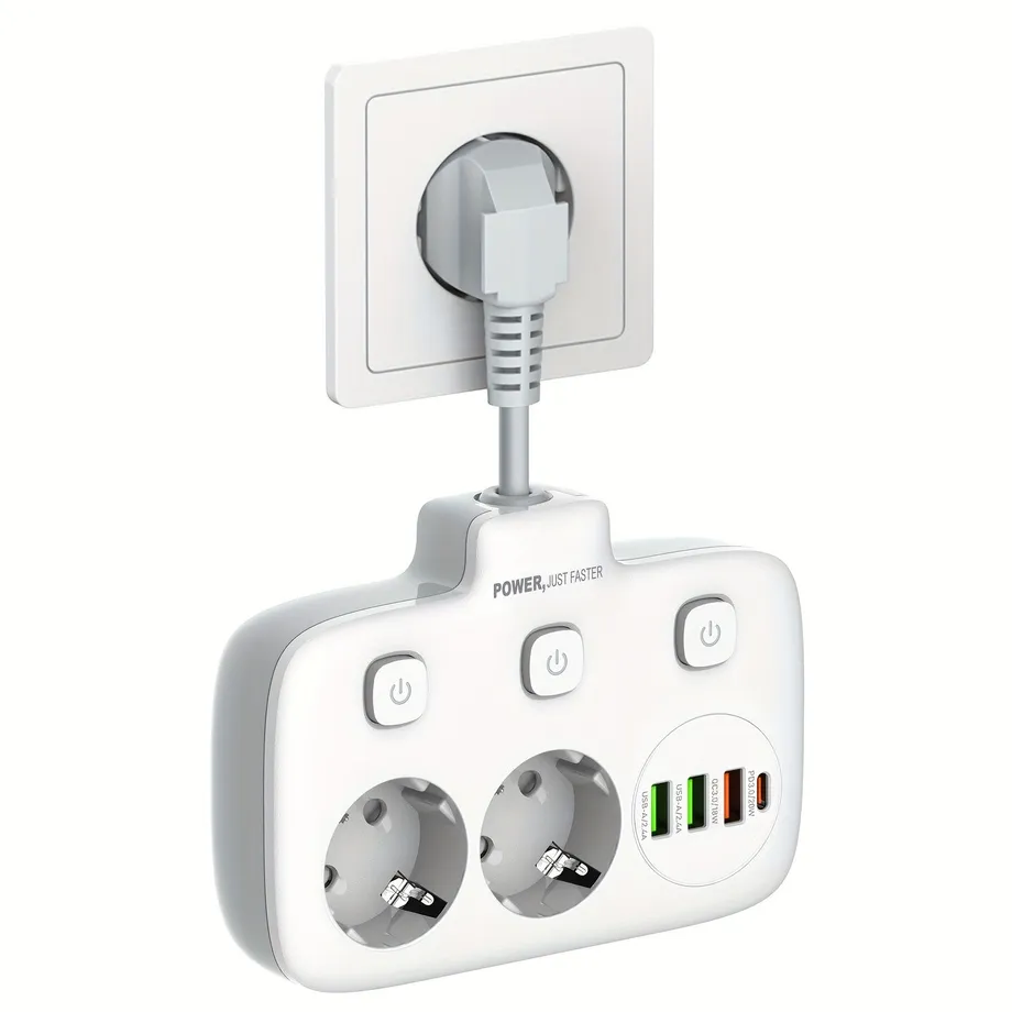 6v1 Zásuvka s přepínačem a ochranou proti přepětí, 2 cesty + 3 USB + 1 USB-C port, pro kancelář, domov a cestování