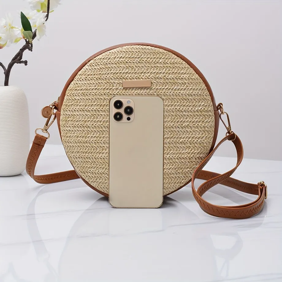 Kulatá slaměná crossbody kabelka, bohemian mini crossbody, módní kruhová kabelka pro ženy na cestování, piknik a pláž