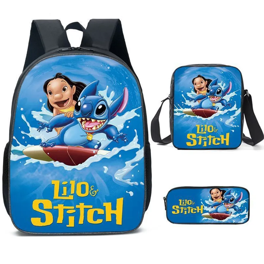 Dětský set 3 kusů školních věcí s motivem oblíbených kreslených postav Lilo a Stitch Batoh / taška přes rameno / penál