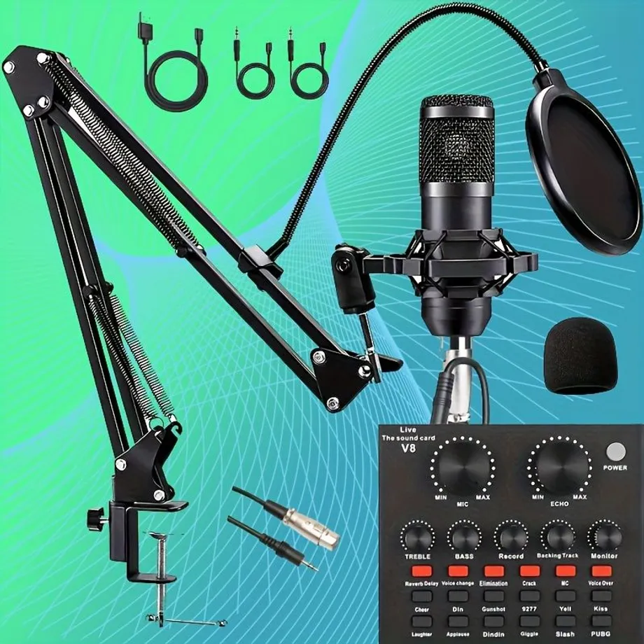 Studiový mikrofonní set BM800 pro podcasty a živé vysílání: Kondenzátorový mikrofon, zvuková karta V8, nastavitelné rameno, kovový držák a dvouvrstvý pop filtr