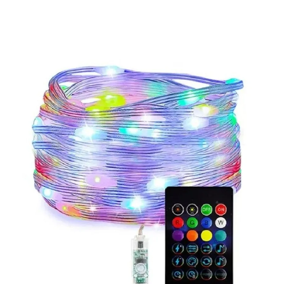 USB světelný řetěz s dálkovým ovladačem 10 m RGB barvy 100 LED, venkovní i vnitřní použití IP65