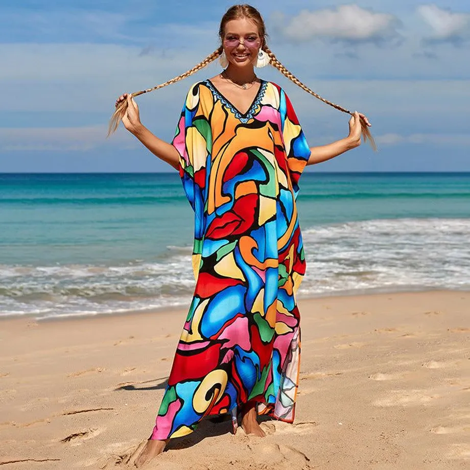 Nové bavlněné polohování Etnický vítr tisk Beach Cover-ups