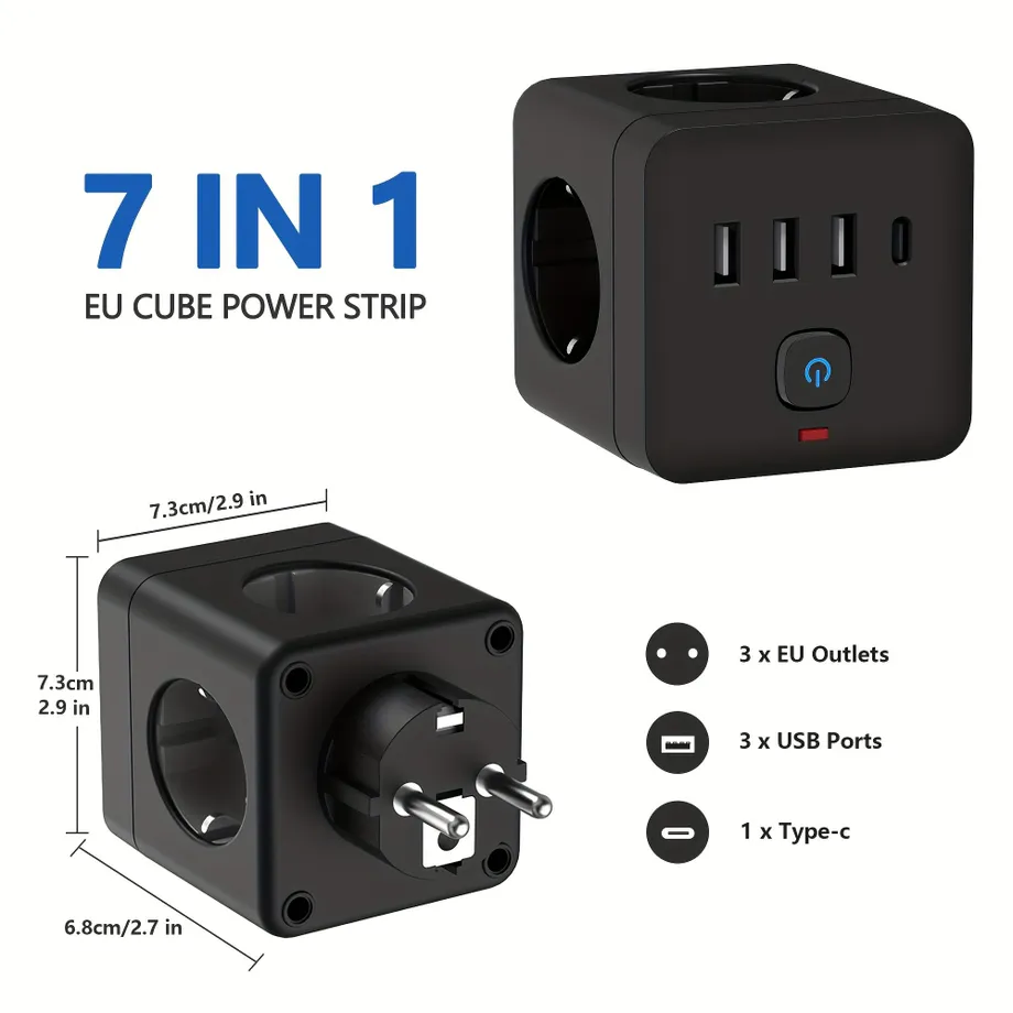 7v1 EU Napájecí lišta s ochranou proti přepětí, 3x zásuvka + 3x USB + 1x USB-C, nabíjecí stanice s ochranou proti přetížení