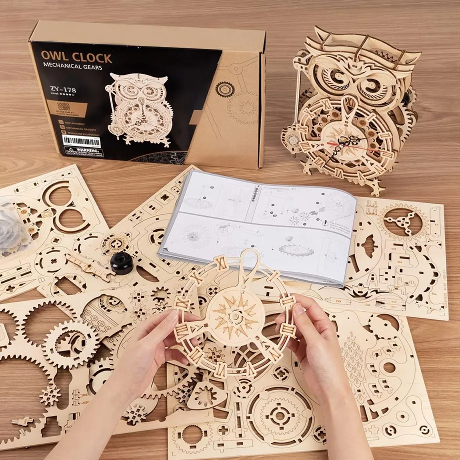 3D dřevěná sova - puzzle hodiny - kreativní dárek a dekorace