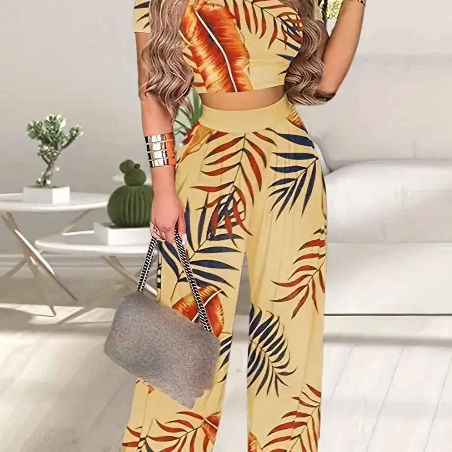 Boho letní dvojset - krátký jednobarevný crop top s krátkým rukávem & vysoké palazzo kalhoty s květinovým vzorem - dámský outfit