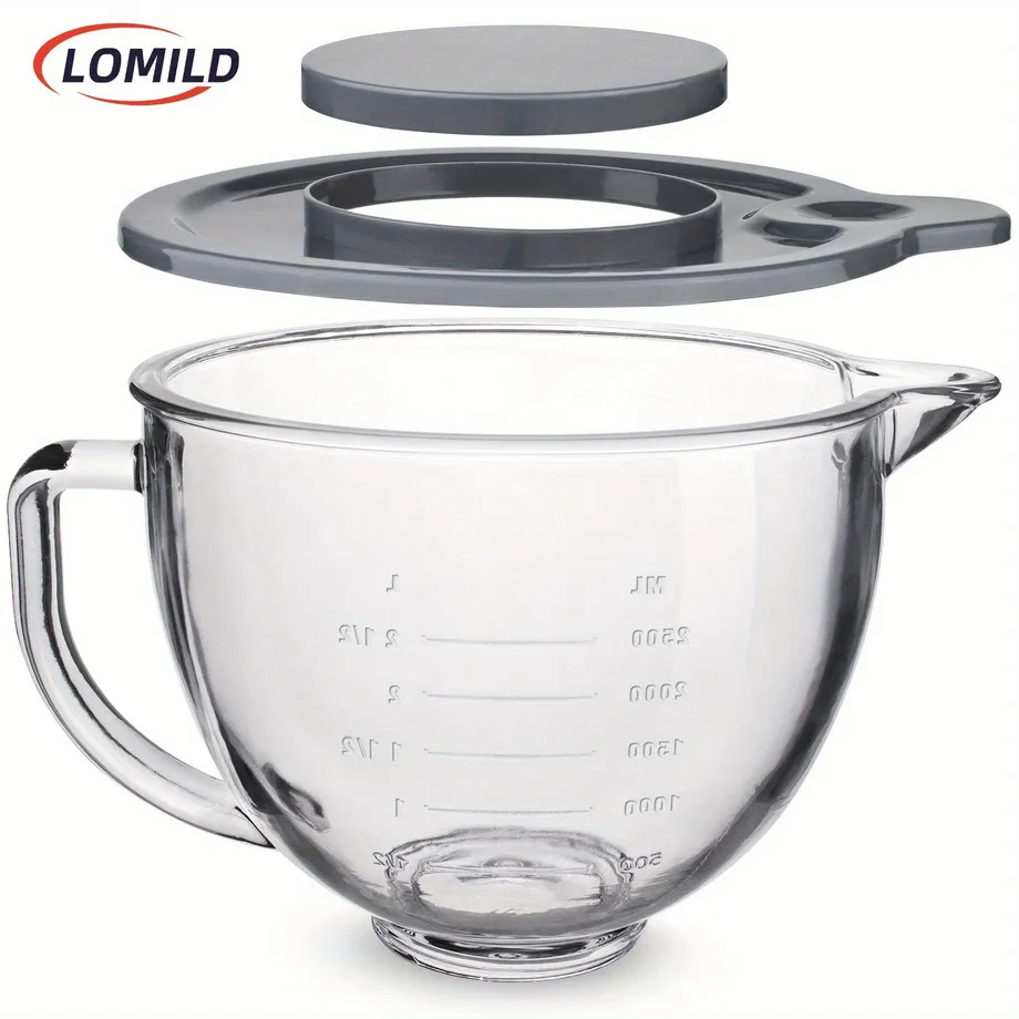 Skleněná míchací mísa, 5 litrů, kompatibilní s mixéry KitchenAid 4,5 a 5 litrů s naklápěcí hlavou (s víkem)