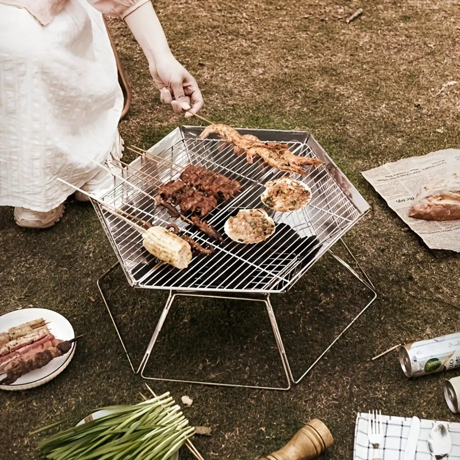 Grilovací gril na dřevěné uhlí - šestihranný, nerezová ocel, skládací - pro kempování a zahradní párty