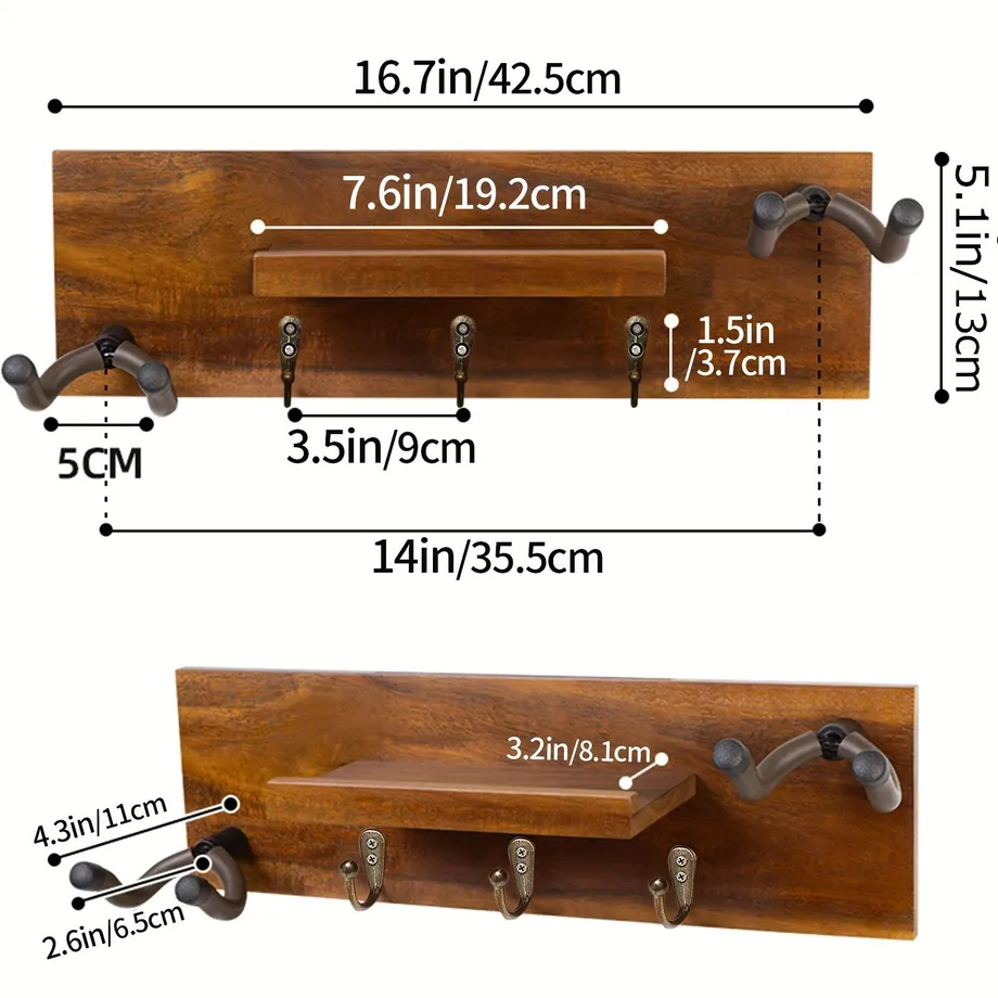 1ks nástěnný držák na kytaru se 2 otočnými gumovými háky, dřevěný nástěnný věšák na kytaru s poličkou a držákem trsátka, držák na kytaru nástěnný závěsný stojan pro akustickou elektrickou kytaru, baskytaru, banjo, kytarové příslušenství Umělecké a řemesln