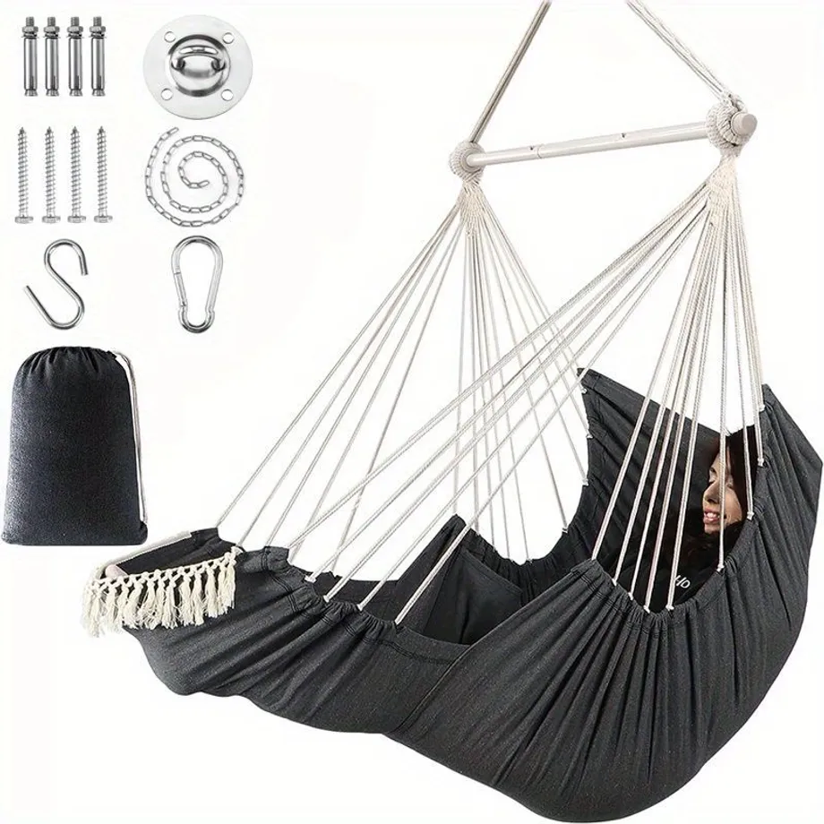 Hammock Chair Hanging Swing Foot Rest Cushions Suspension Included, Collapsible Metal Spreader Bar Pro Trvanlivost Snadné Uložení Měkké Bavlněné Tkaniny Visící Židle Boční Kapsa