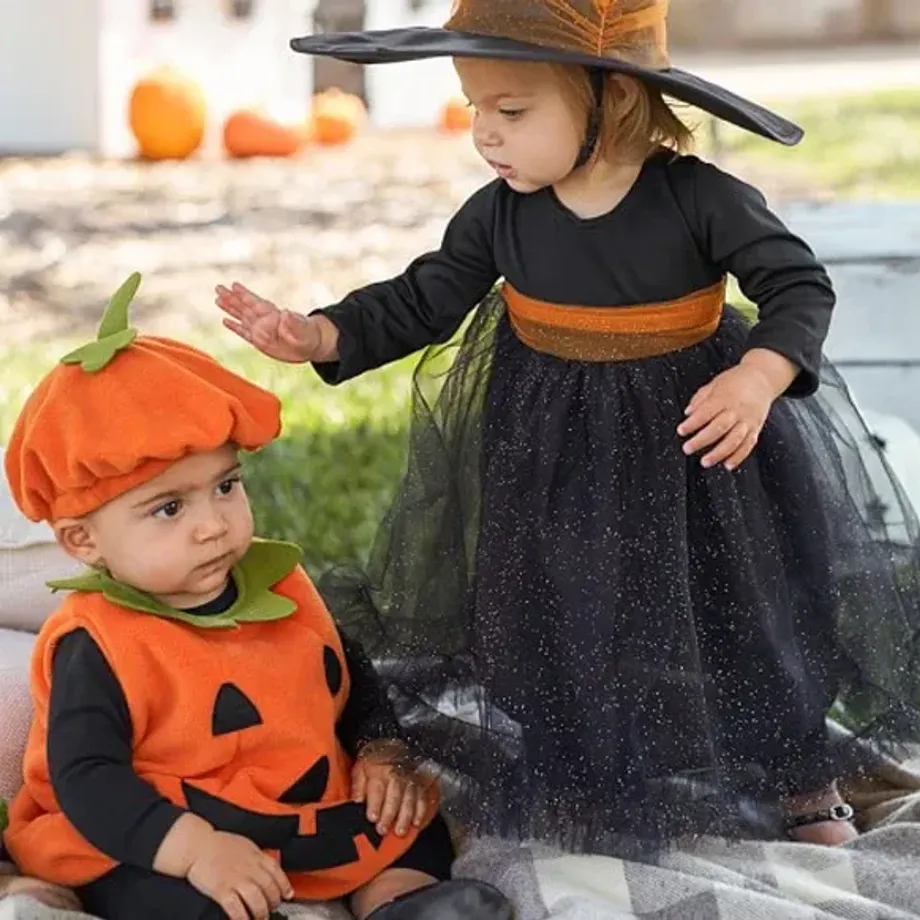 Dětský halloweenský kostým dýně s romperem a čepicí bez rukávů