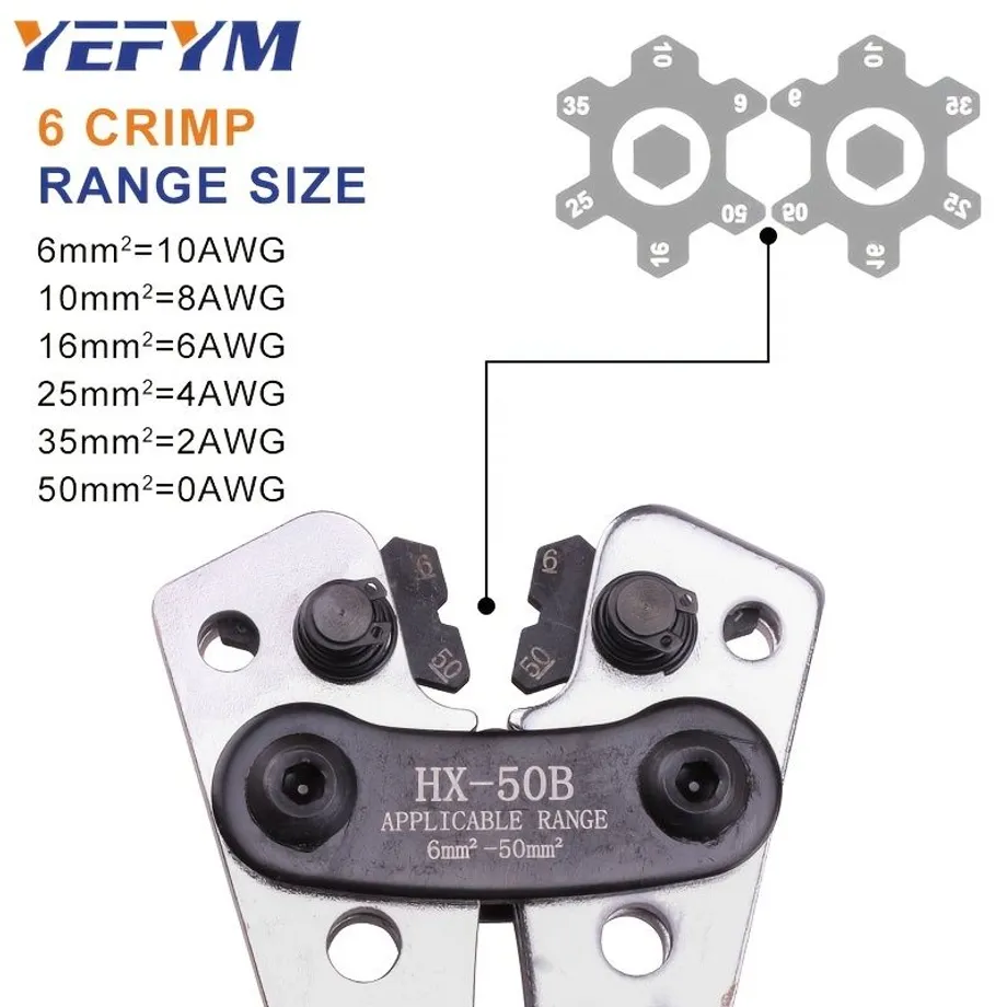 Nástroj pro lisování krimpovacích ok kabelů z mědi - 1 sada HX-50B 10-1 AWG + 60ks měděných ok s kroužky, 8 velikostí