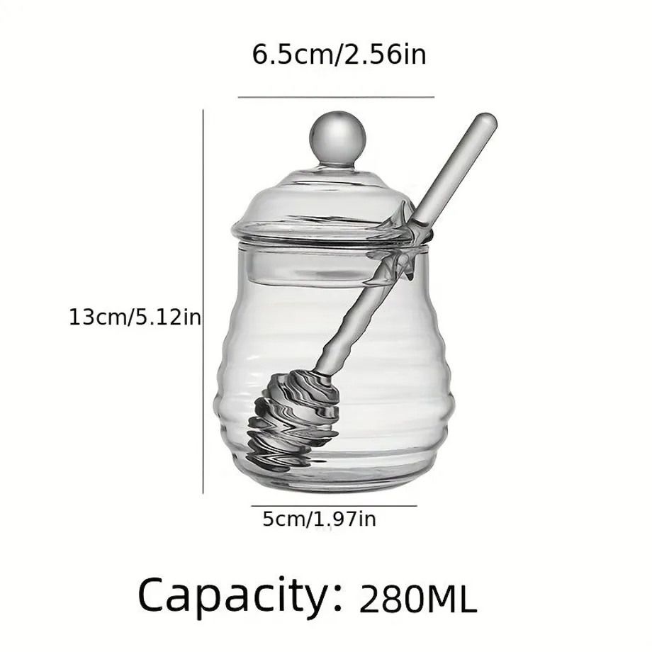 1 ks Skleněná nádoba na med s medvídkem, 296 ml, žáruvzdorná, s víkem a lžičkou