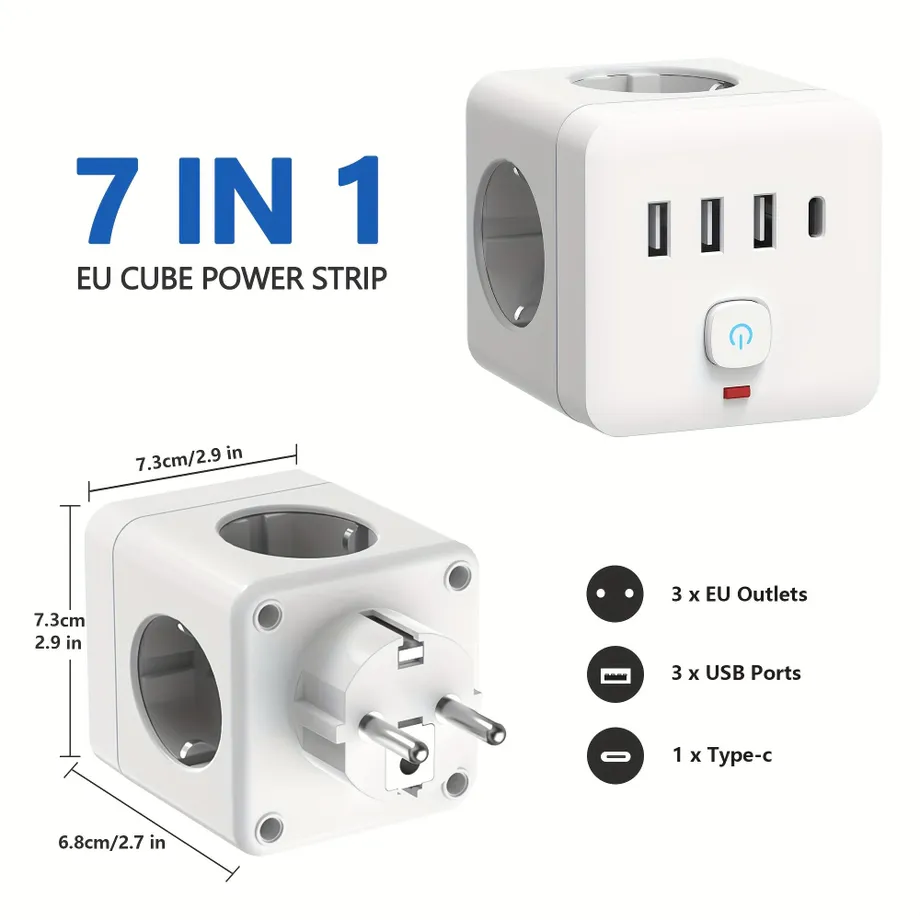 7v1 EU Napájecí lišta s ochranou proti přepětí, 3x zásuvka + 3x USB + 1x USB-C, nabíjecí stanice s ochranou proti přetížení