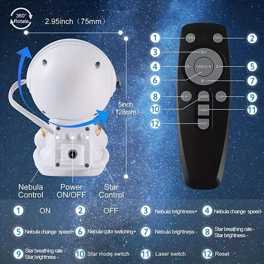 1ks Astronaut Star Projector Galaxy Night Light, Sky Decor Lampa Pro Vánoce V Ložnici, Malá A Jasná LED Světla Pro Astronauty, Hvězdný Oblak Vesmírná Mlhovina S Dálkovým Ovládáním