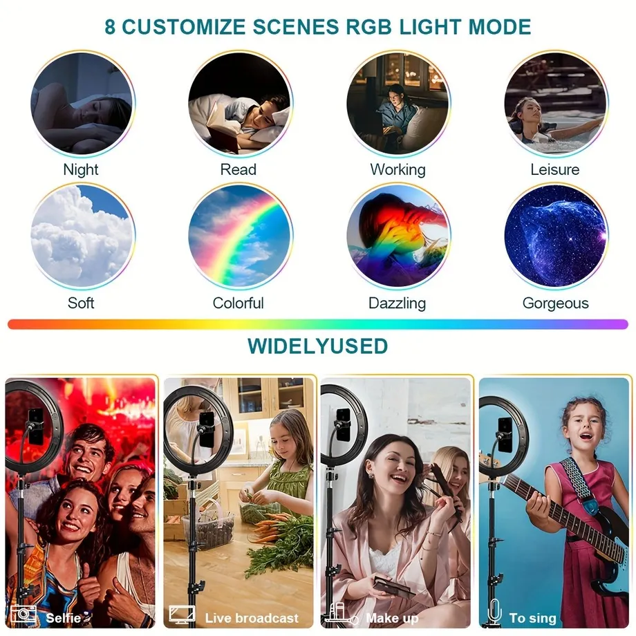 Ringlight pro selfies a tvorbu (25,4 cm) s nastavitelným RGB LED světlem, stativem a držákem na telefon